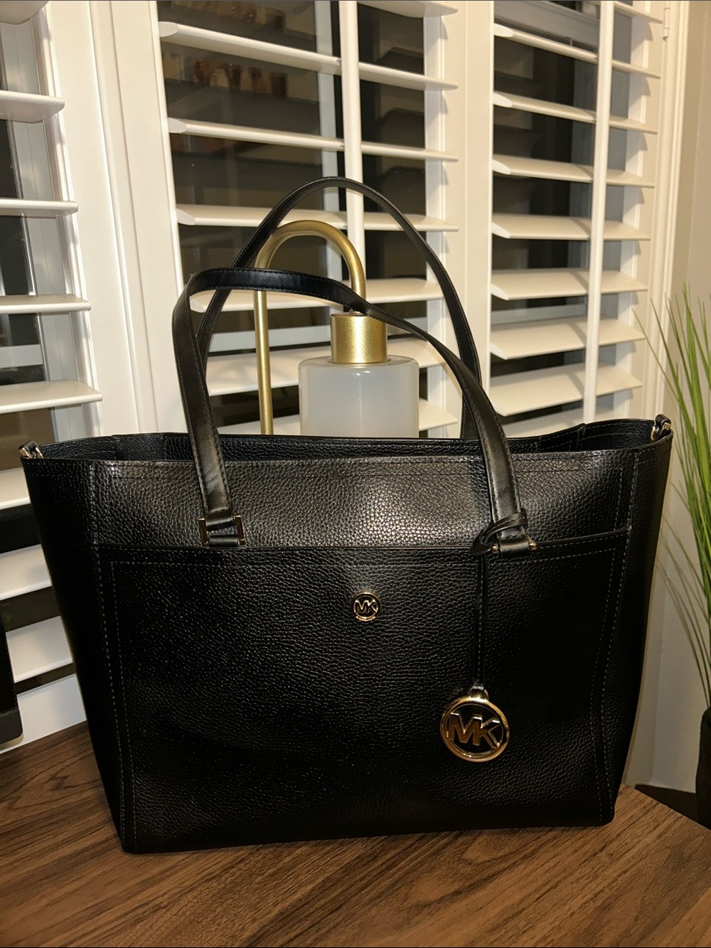 Michael Kors Black Pebbled Leather Tote with Gold Accents
